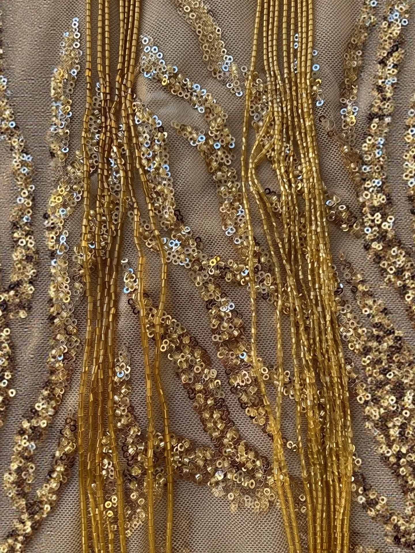 Luxury Gold Spaghetti Straps Shoulder Tassel Beaded Mermaid Dress LA73931 SERENE HILL