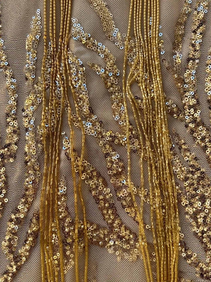 Luxury Gold Spaghetti Straps Shoulder Tassel Beaded Mermaid Dress LA73931 SERENE HILL