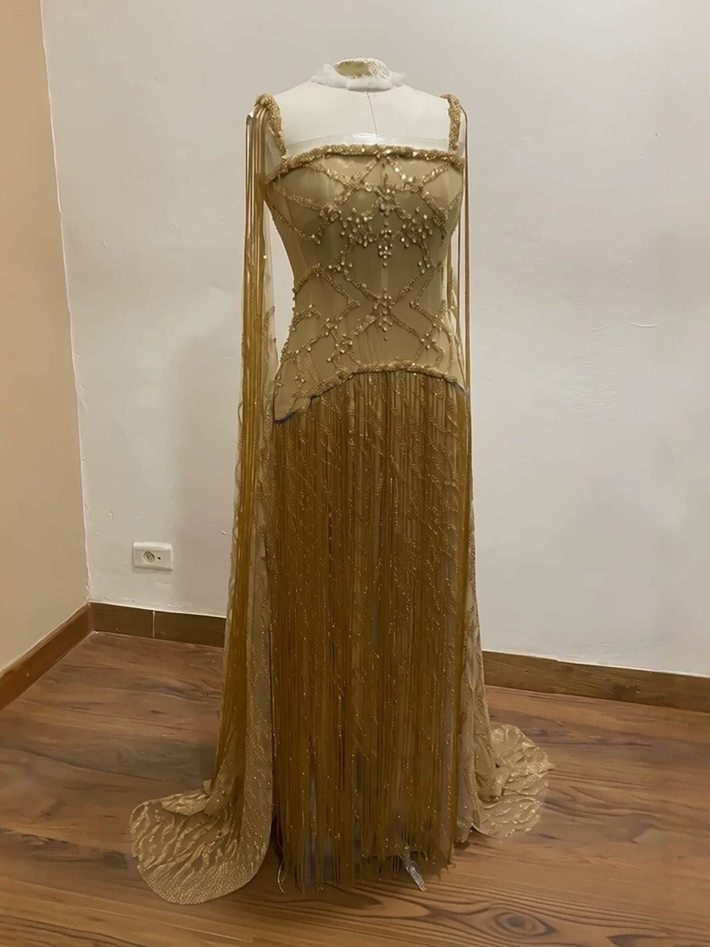 Luxury Gold Spaghetti Straps Shoulder Tassel Beaded Mermaid Dress LA73931 SERENE HILL