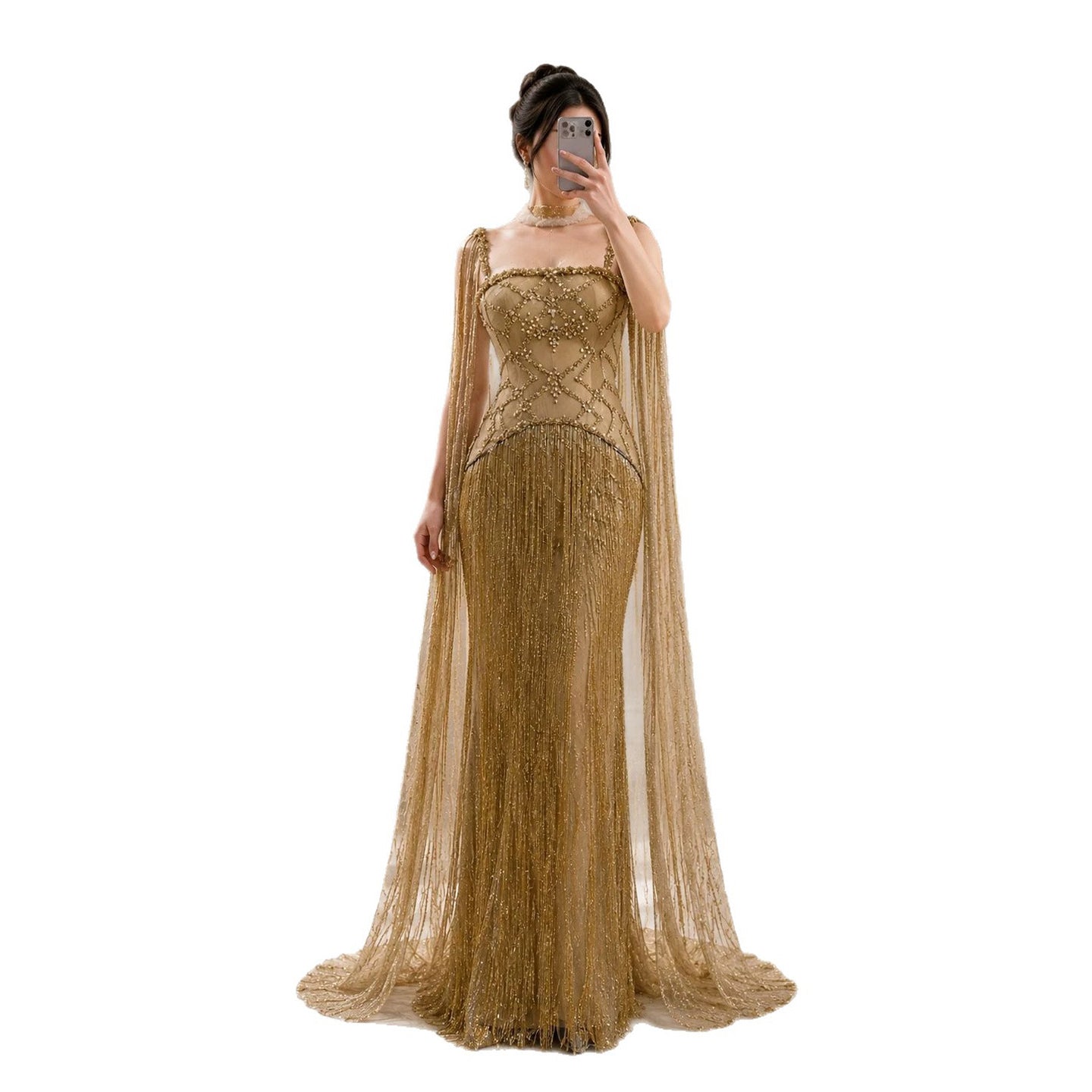 Luxury Gold Spaghetti Straps Shoulder Tassel Beaded Mermaid Dress LA73931 SERENE HILL