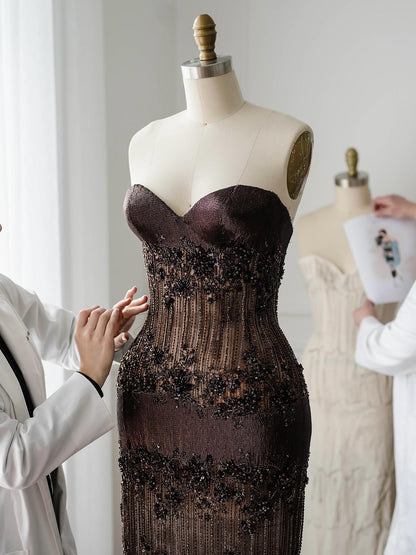 Luxury Brown Strapless Floral Beaded Mermaid Evening Dress LA73932 SERENE HILL