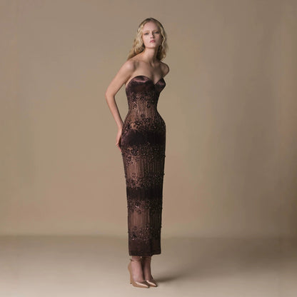 Luxury Brown Strapless Floral Beaded Mermaid Evening Dress LA73932 SERENE HILL