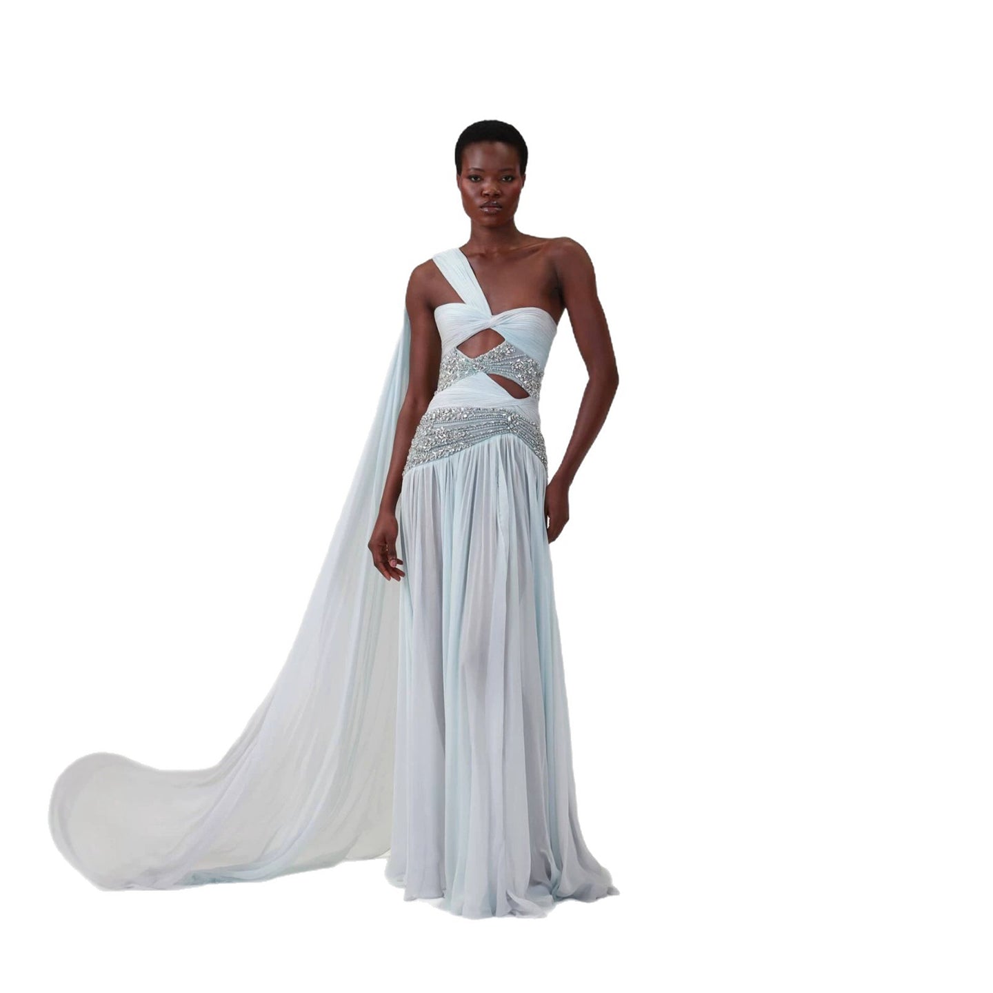 Luxury Blue One-Shoulder Cutout Crystal Beaded Evening Dress LA73933