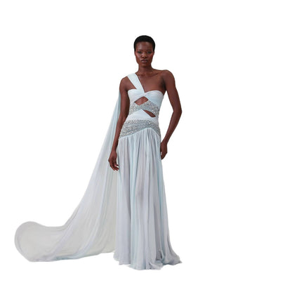 Luxury Blue One-Shoulder Cutout Crystal Beaded Evening Dress LA73933