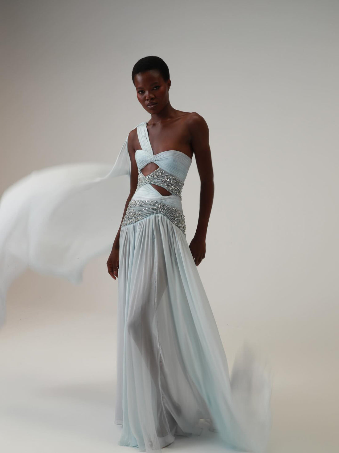 Luxury Blue One Shoulder Cutout Crystal Beaded Evening Dress LA73933