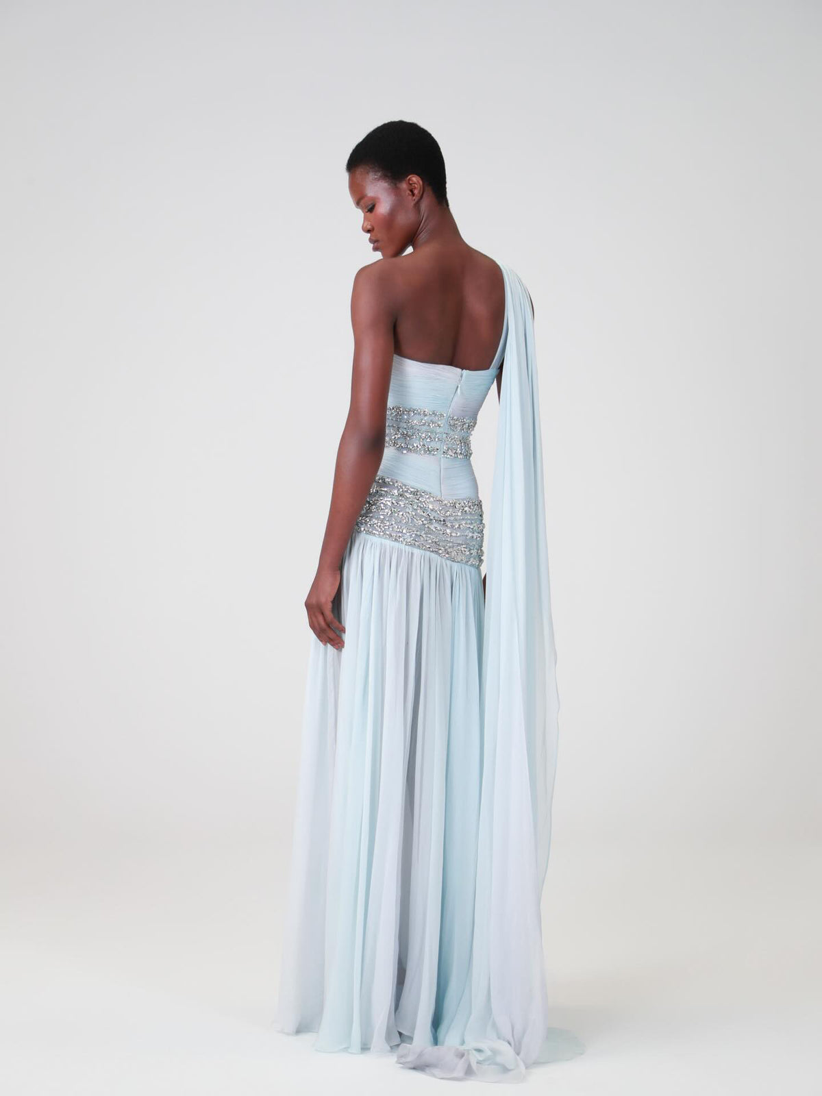 Luxury Blue One-Shoulder Cutout Crystal Beaded Evening Dress LA73933