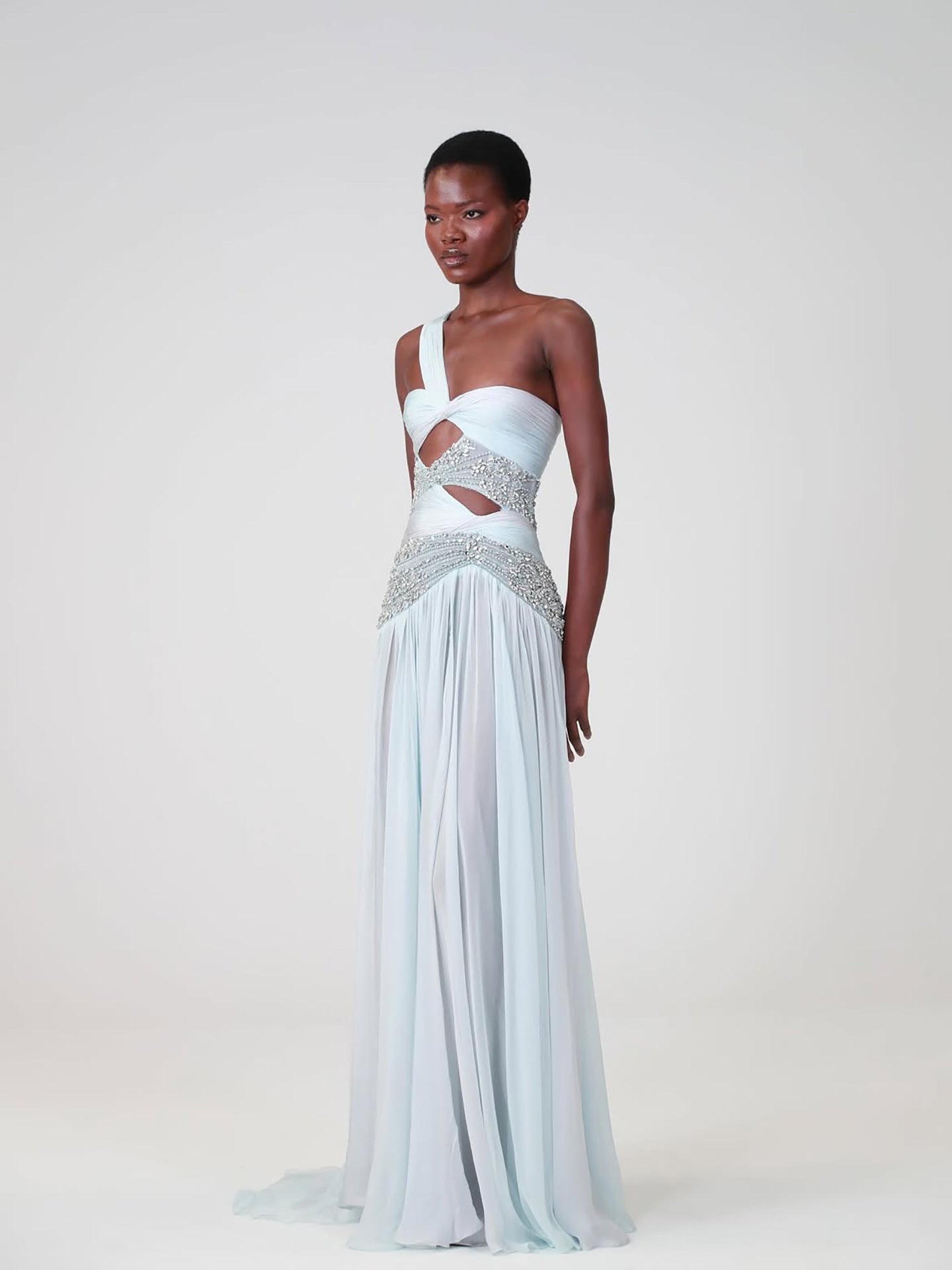 Luxury Blue One-Shoulder Cutout Crystal Beaded Evening Dress LA73933