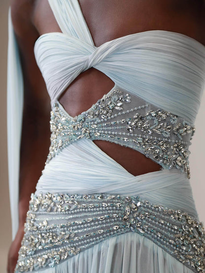Luxury Blue One-Shoulder Cutout Crystal Beaded Evening Dress LA73933