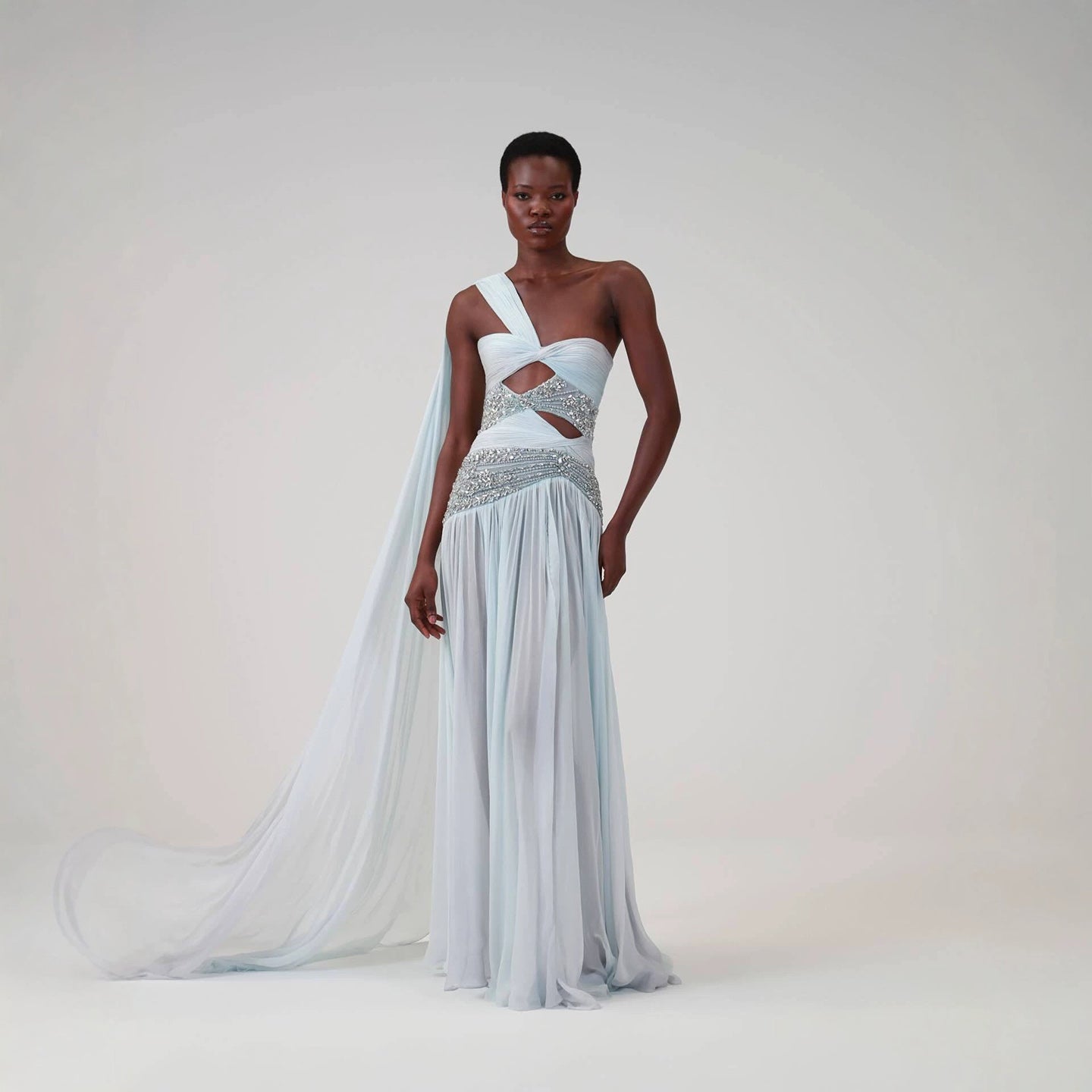 Luxury Blue One-Shoulder Cutout Crystal Beaded Evening Dress LA73933