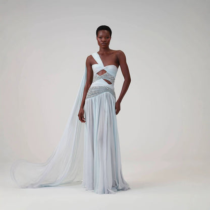 Luxury Blue One-Shoulder Cutout Crystal Beaded Evening Dress LA73933