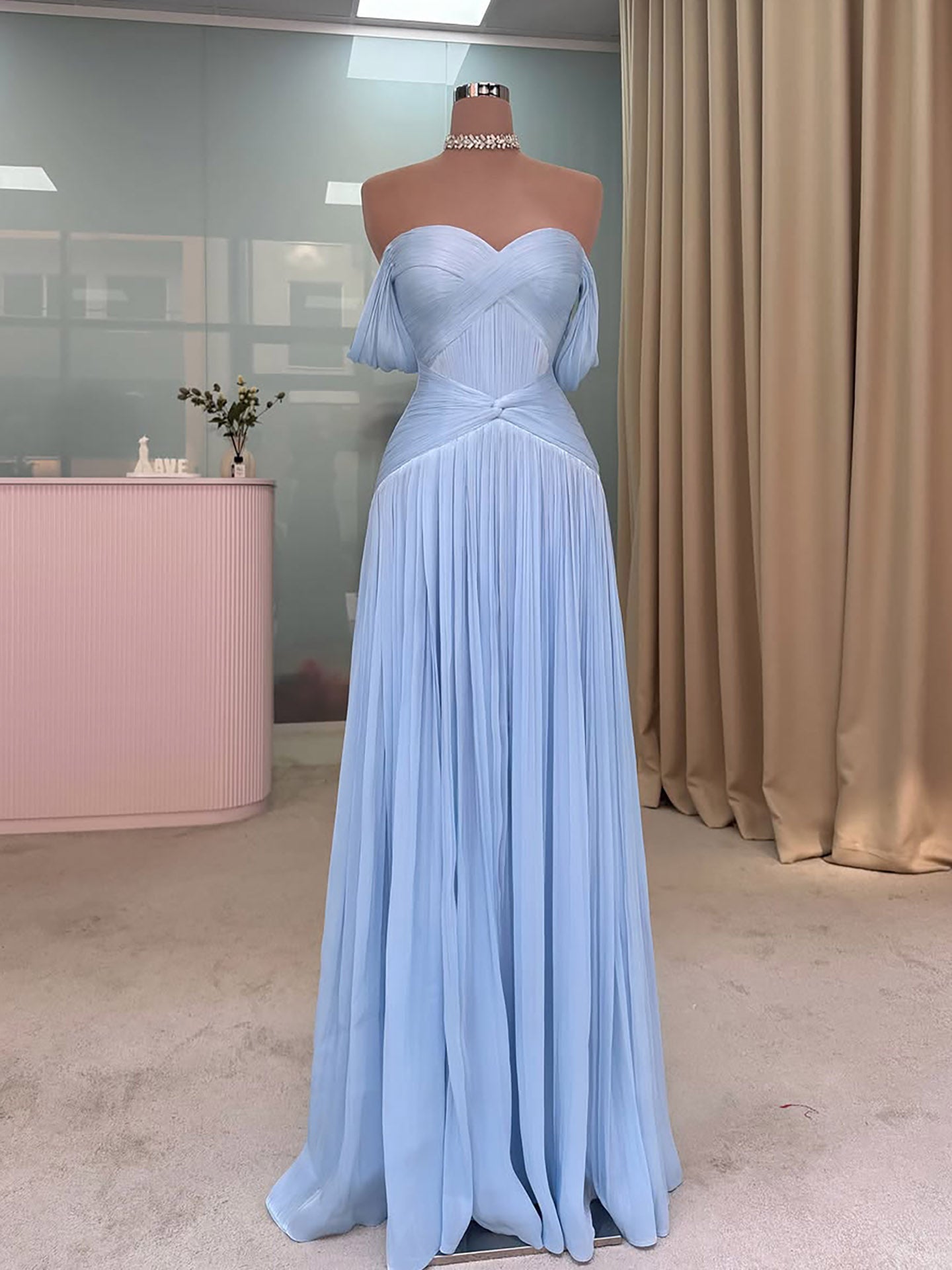 Luxury Light Blue Off Shoulder Pleated Chiffon A Line Dress LA73935