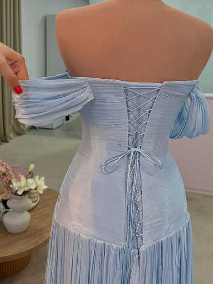 Luxury Light Blue Off Shoulder Pleated Chiffon A Line Dress LA73935