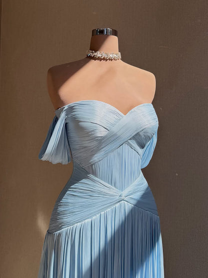 Luxury Light Blue Off Shoulder Pleated Chiffon A Line Dress LA73935
