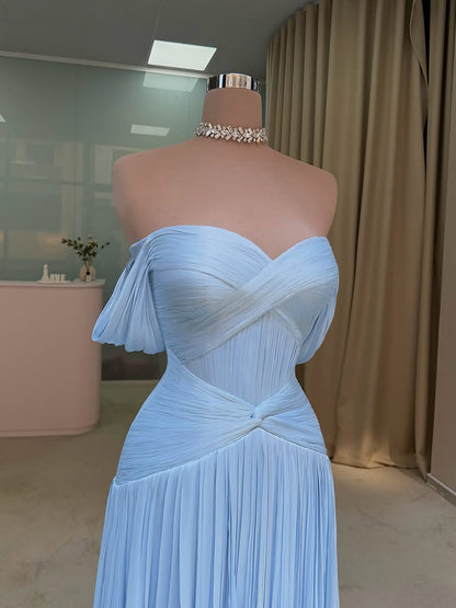Luxury Light Blue Off Shoulder Pleated Chiffon A Line Dress LA73935
