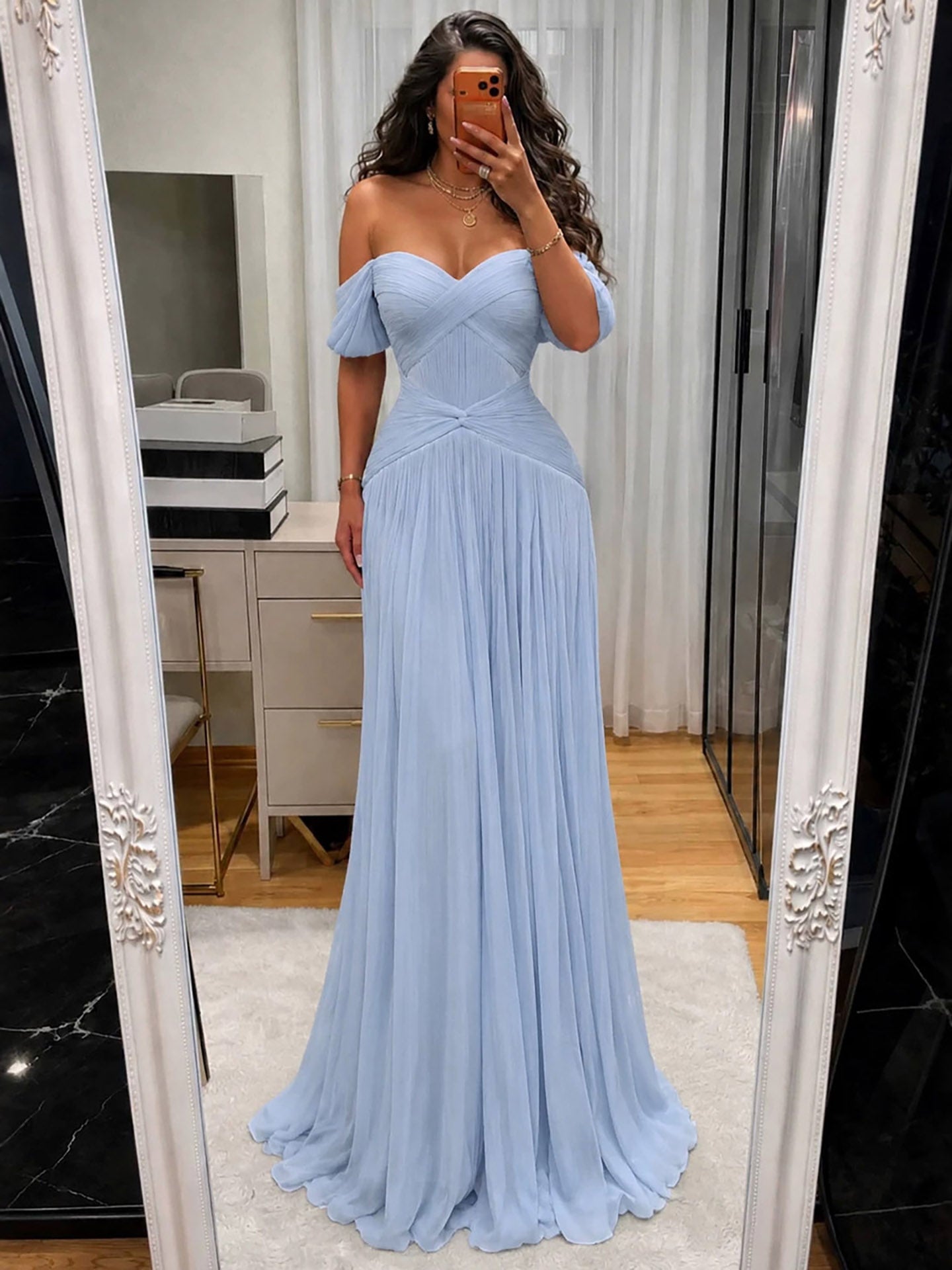 Luxury Light Blue Off Shoulder Pleated Chiffon A Line Dress LA73935