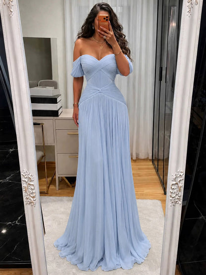 Luxury Light Blue Off Shoulder Pleated Chiffon A Line Dress LA73935
