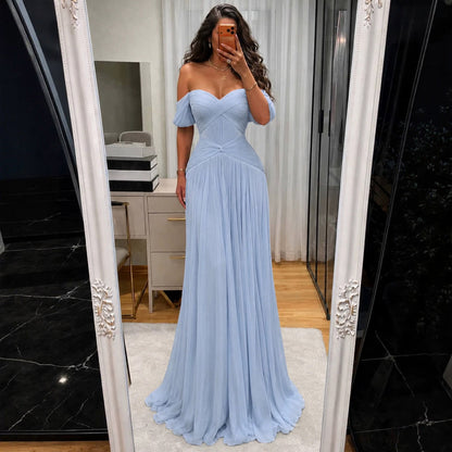 Luxury Light Blue Off Shoulder Pleated Chiffon A Line Dress LA73935