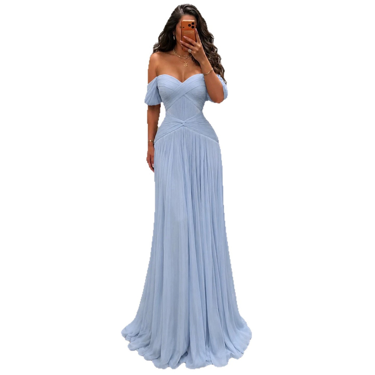 Luxury Light Blue Off Shoulder Pleated Chiffon A Line Dress LA73935