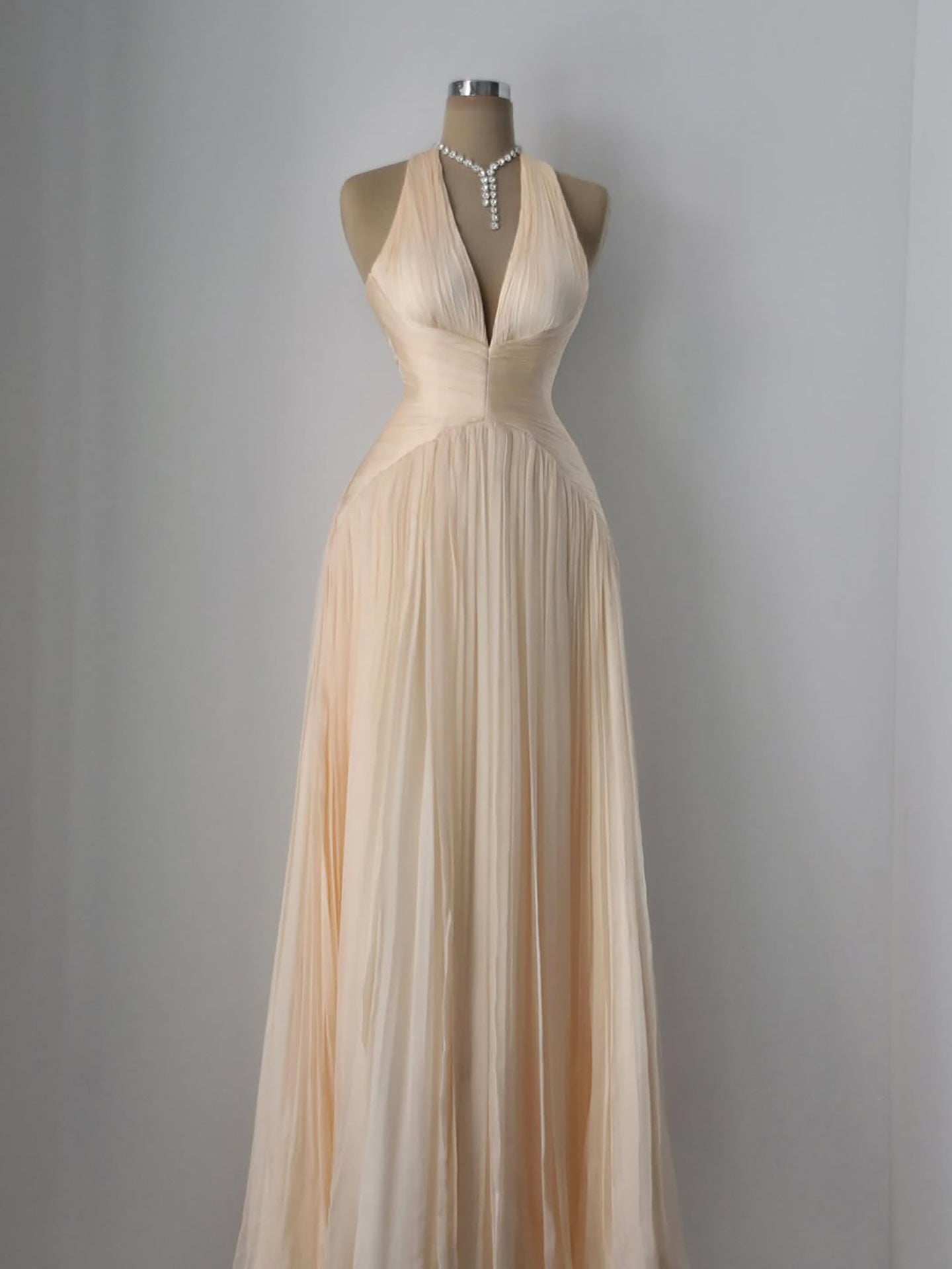 Luxury Champagne Halter Deep V Neck Pleated A Line Evening Dress LA73936