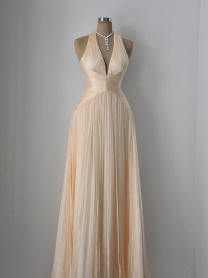 Luxury Champagne Halter Deep V Neck Pleated A Line Evening Dress LA73936
