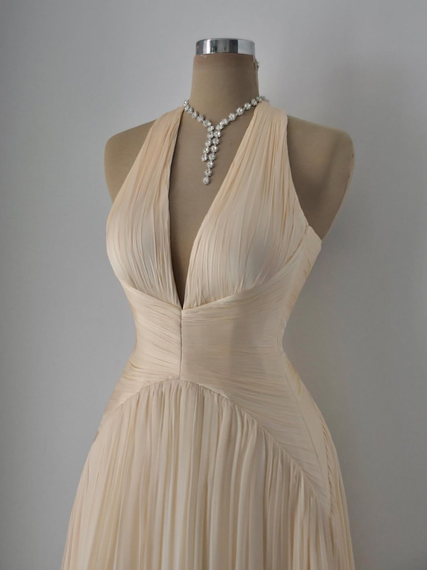 Luxury Champagne Halter Deep V Neck Pleated A Line Evening Dress LA73936