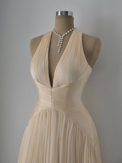 Luxury Champagne Halter Deep V Neck Pleated A Line Evening Dress LA73936