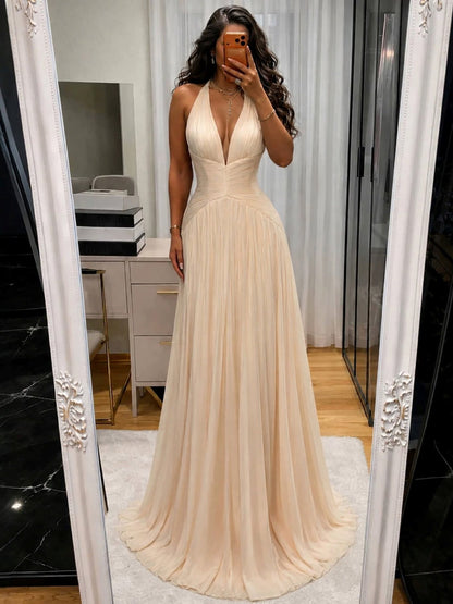 Luxury Champagne Halter Deep V Neck Pleated A Line Evening Dress LA73936