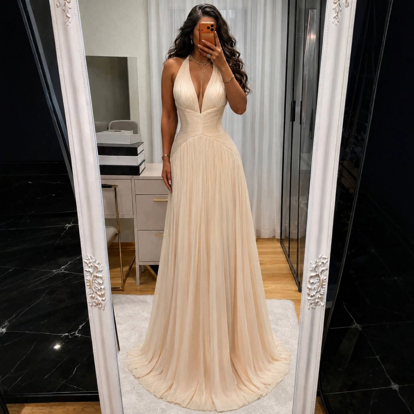 Luxury Champagne Halter Deep V Neck Pleated A Line Evening Dress LA73936