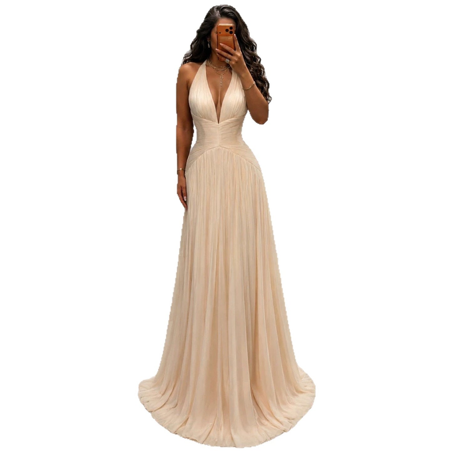 Luxury Champagne Halter Deep V Neck Pleated A Line Evening Dress LA73936