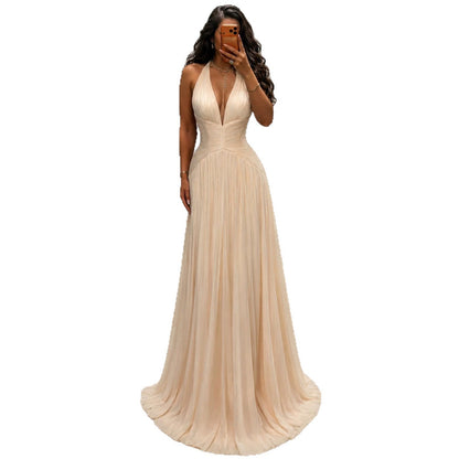 Luxury Champagne Halter Deep V Neck Pleated A Line Evening Dress LA73936