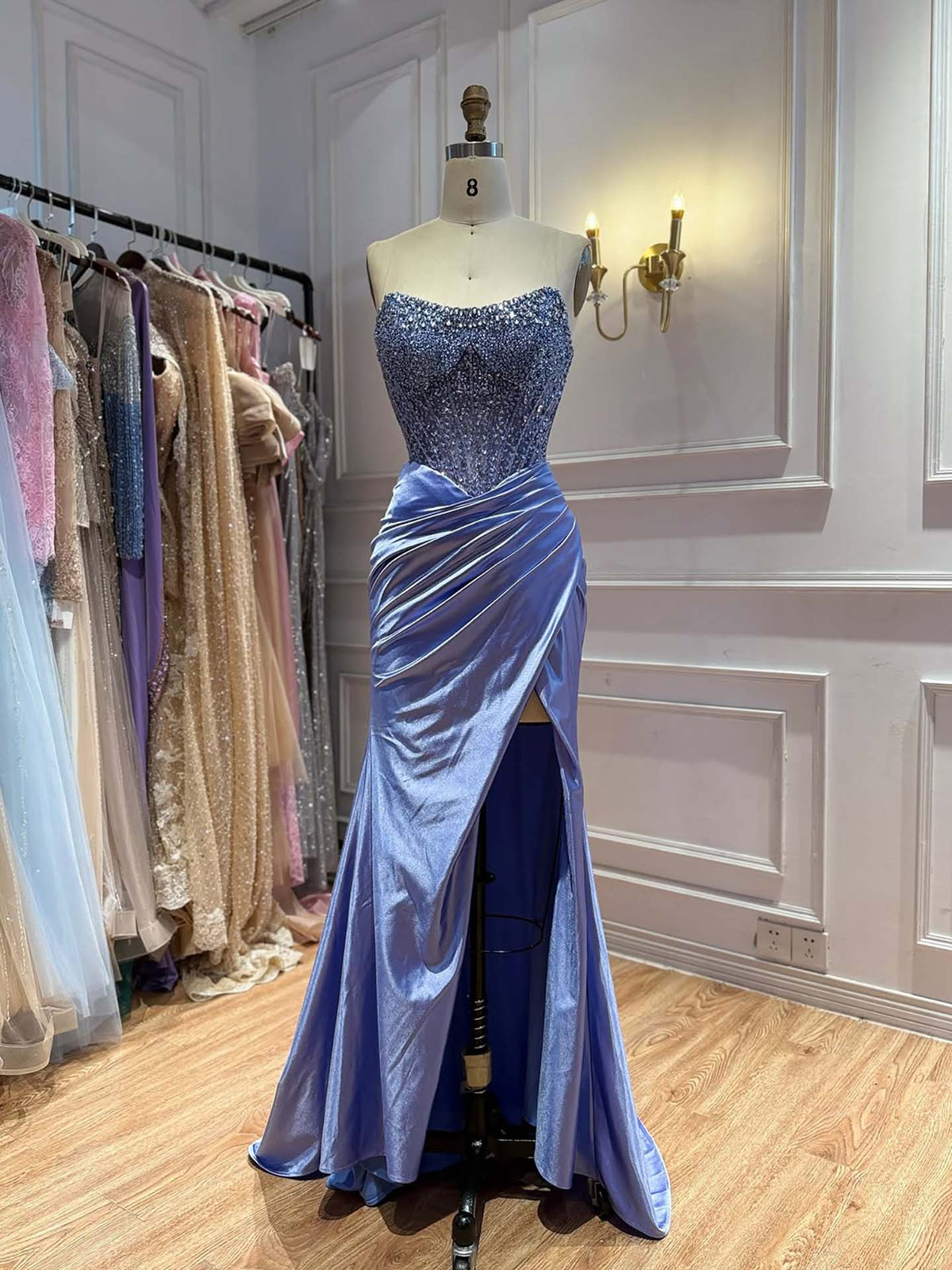 Blue Crystal Beaded High Slit Mermaid Evening Dress LA73937