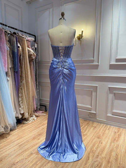 Blue Crystal Beaded High Slit Mermaid Evening Dress LA73937