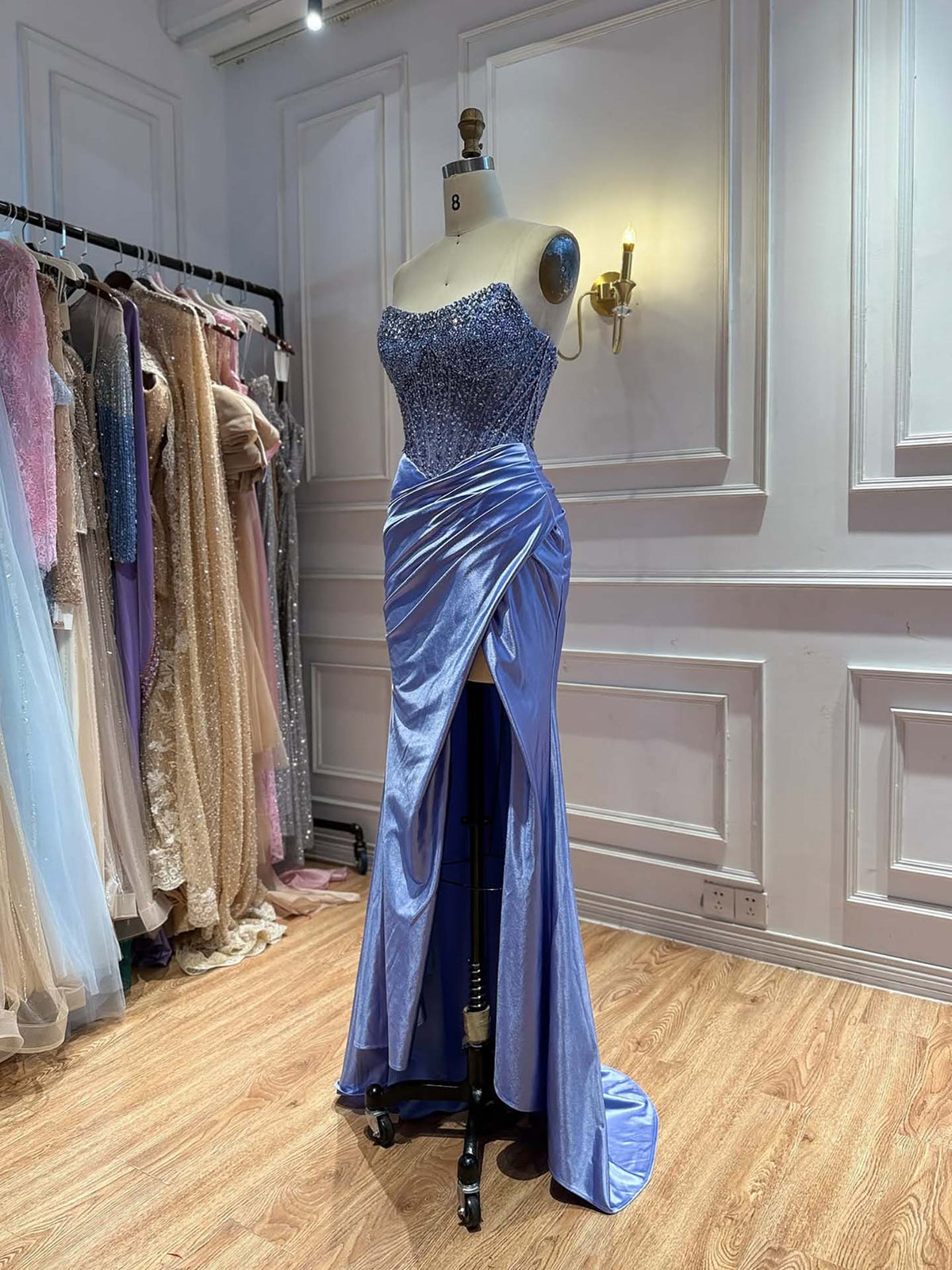 Blue Crystal Beaded High Slit Mermaid Evening Dress LA73937