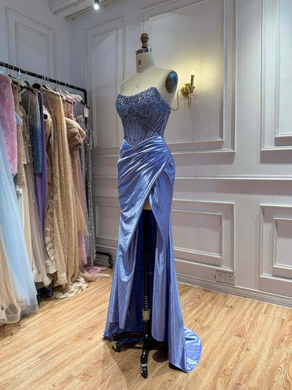 Blue Crystal Beaded High Slit Mermaid Evening Dress LA73937