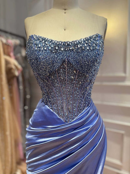Blue Crystal Beaded High Slit Mermaid Evening Dress LA73937