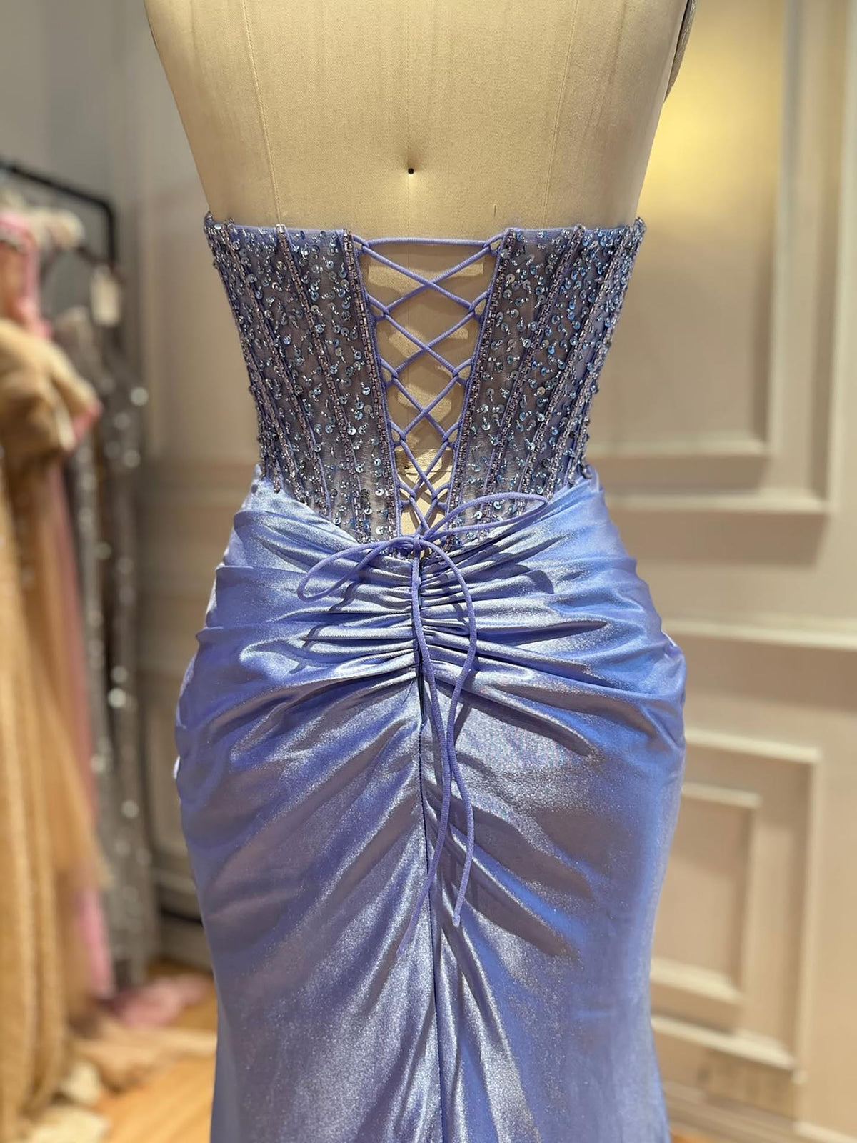 Blue Crystal Beaded High Slit Mermaid Evening Dress LA73937