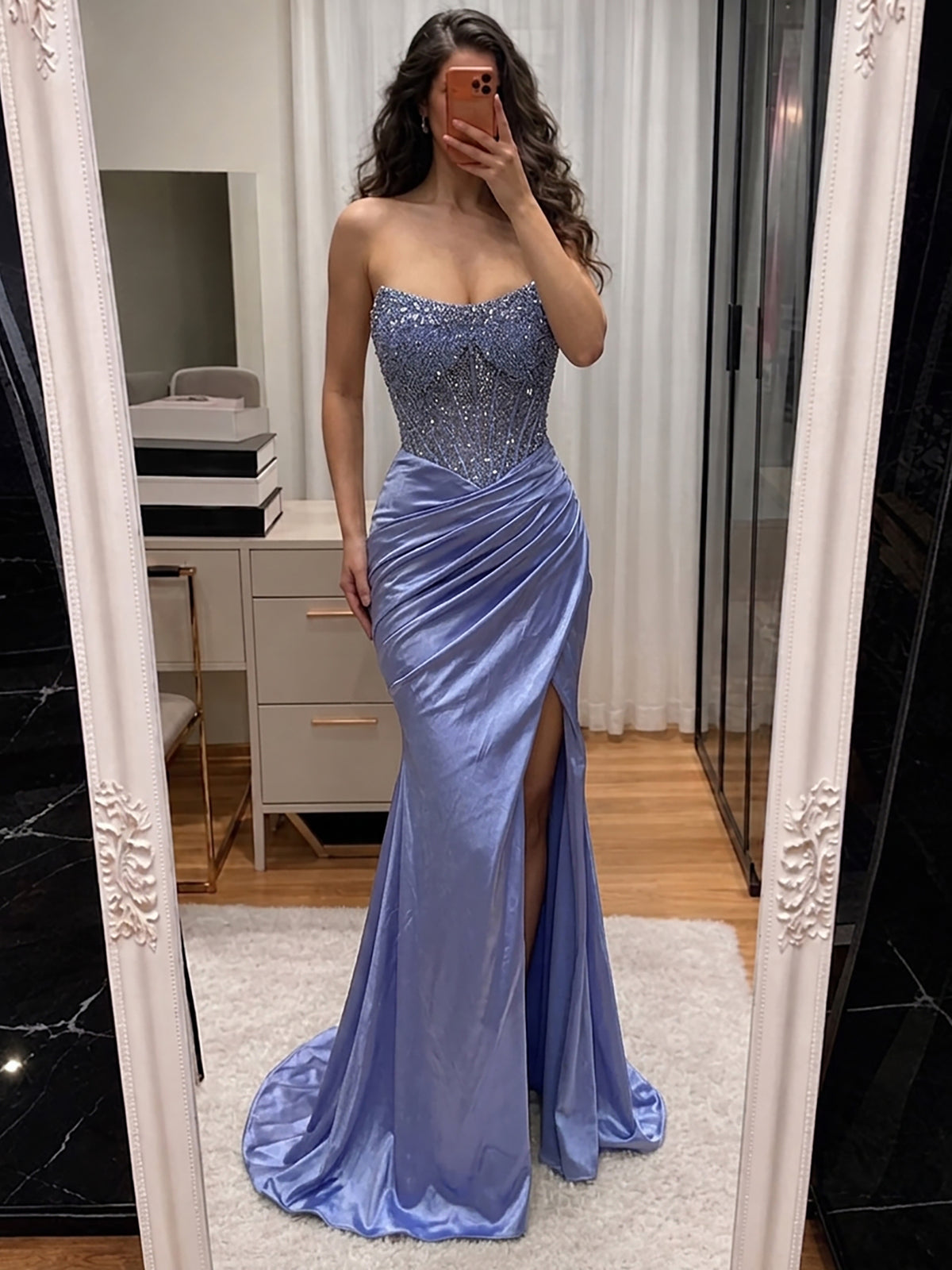 Blue Crystal Beaded High Slit Mermaid Evening Dress LA73937