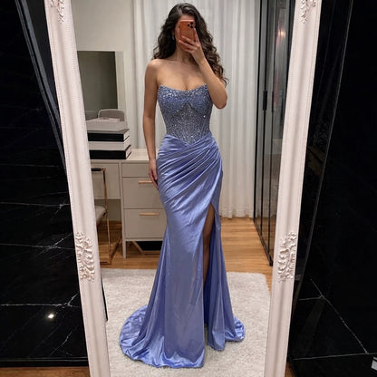 Blue Crystal Beaded High Slit Mermaid Evening Dress LA73937