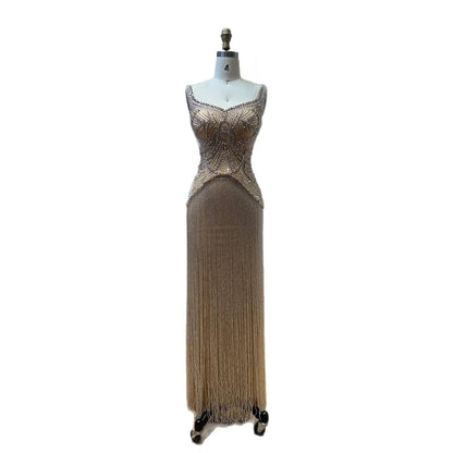 Luxury Silver Nude Sweetheart Wide Straps Tassel Evening Dress LA73938