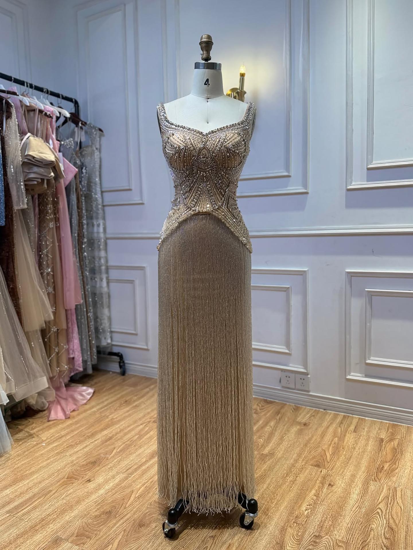 Luxury Silver Nude Sweetheart Wide Straps Tassel Evening Dress LA73938