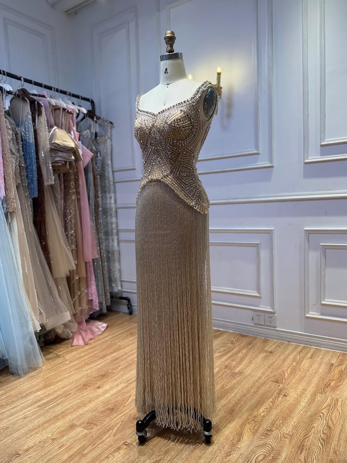 Luxury Silver Nude Sweetheart Wide Straps Tassel Evening Dress LA73938