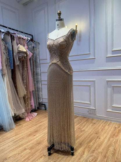 Luxury Silver Nude Sweetheart Wide Straps Tassel Evening Dress LA73938