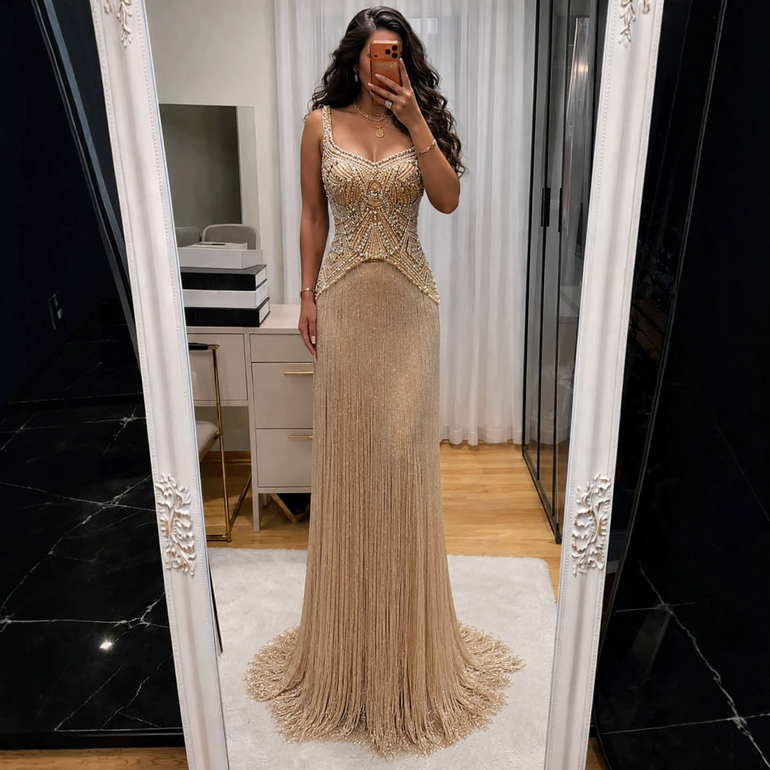 Luxury Nude Sweetheart Wide Straps Tassel Evening Dress LA73938