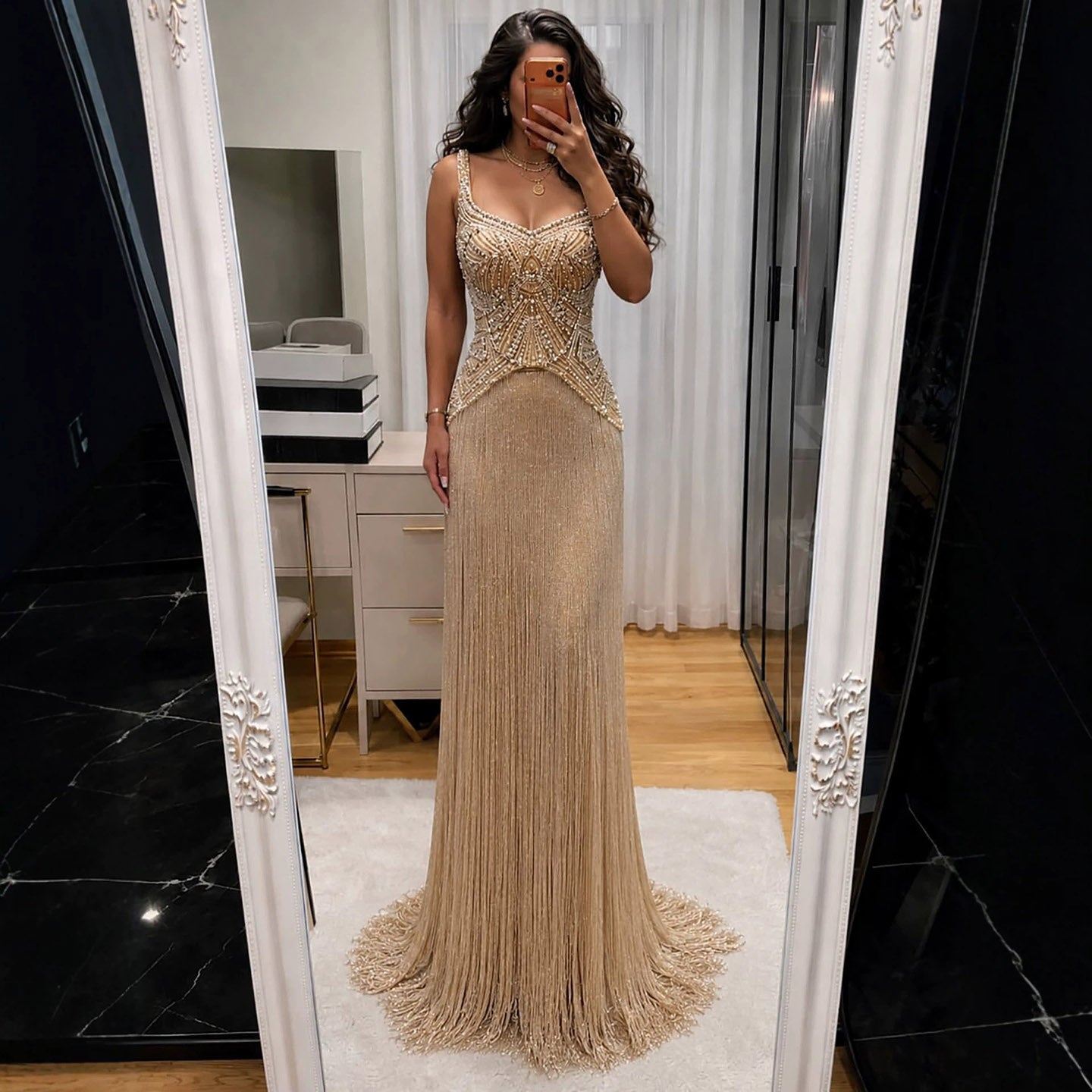 Luxury Silver Nude Sweetheart Wide Straps Tassel Evening Dress LA73938
