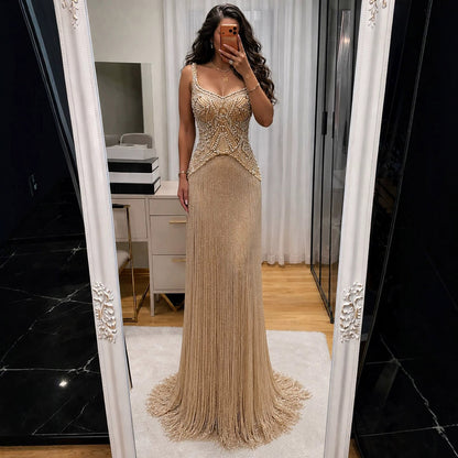 Luxury Silver Nude Sweetheart Wide Straps Tassel Evening Dress LA73938