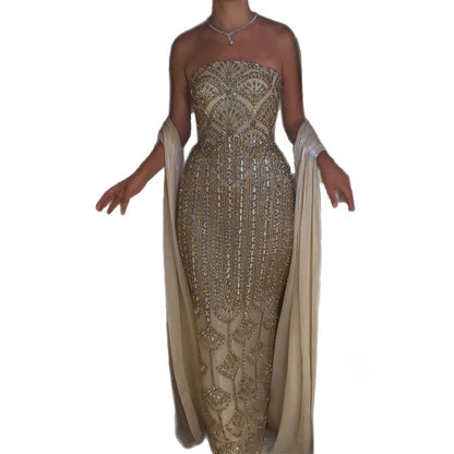 Luxury Champagne Strapless Crystal Beaded Mermaid Evening Dress LA73939