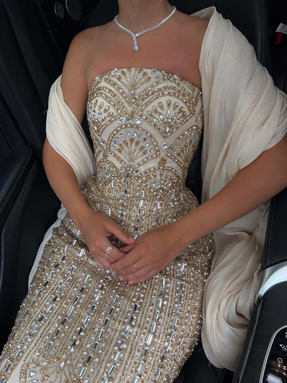 Luxury Champagne Strapless Crystal Beaded Mermaid Evening Dress LA73939