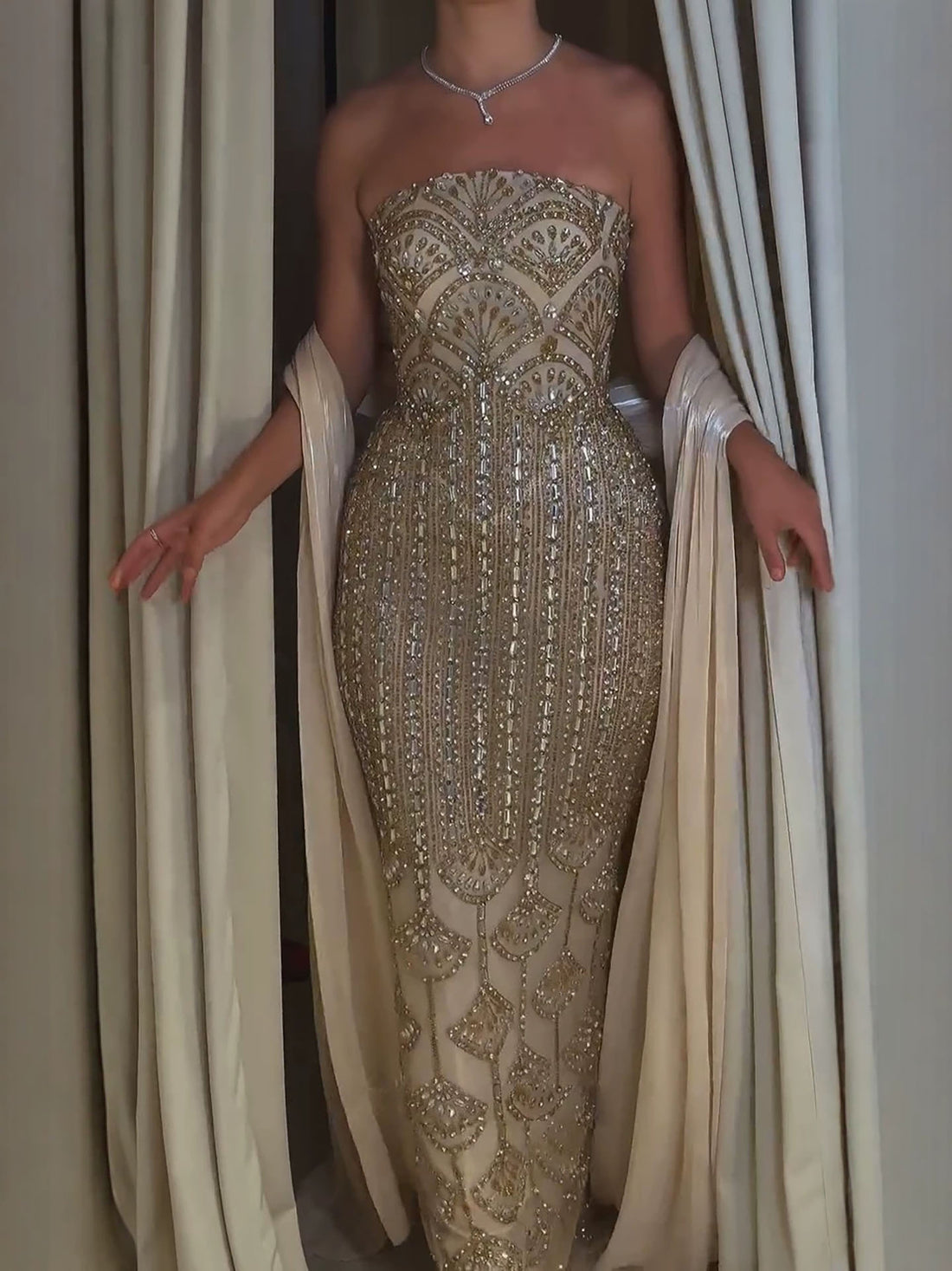Luxury Champagne Strapless Crystal Beaded Mermaid Evening Dress LA73939