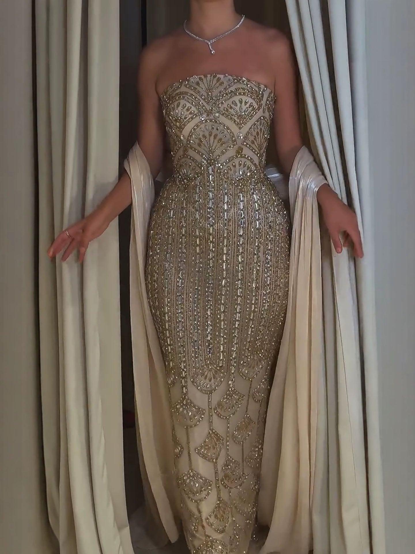 Luxury Champagne Strapless Crystal Beaded Mermaid Evening Dress LA73939