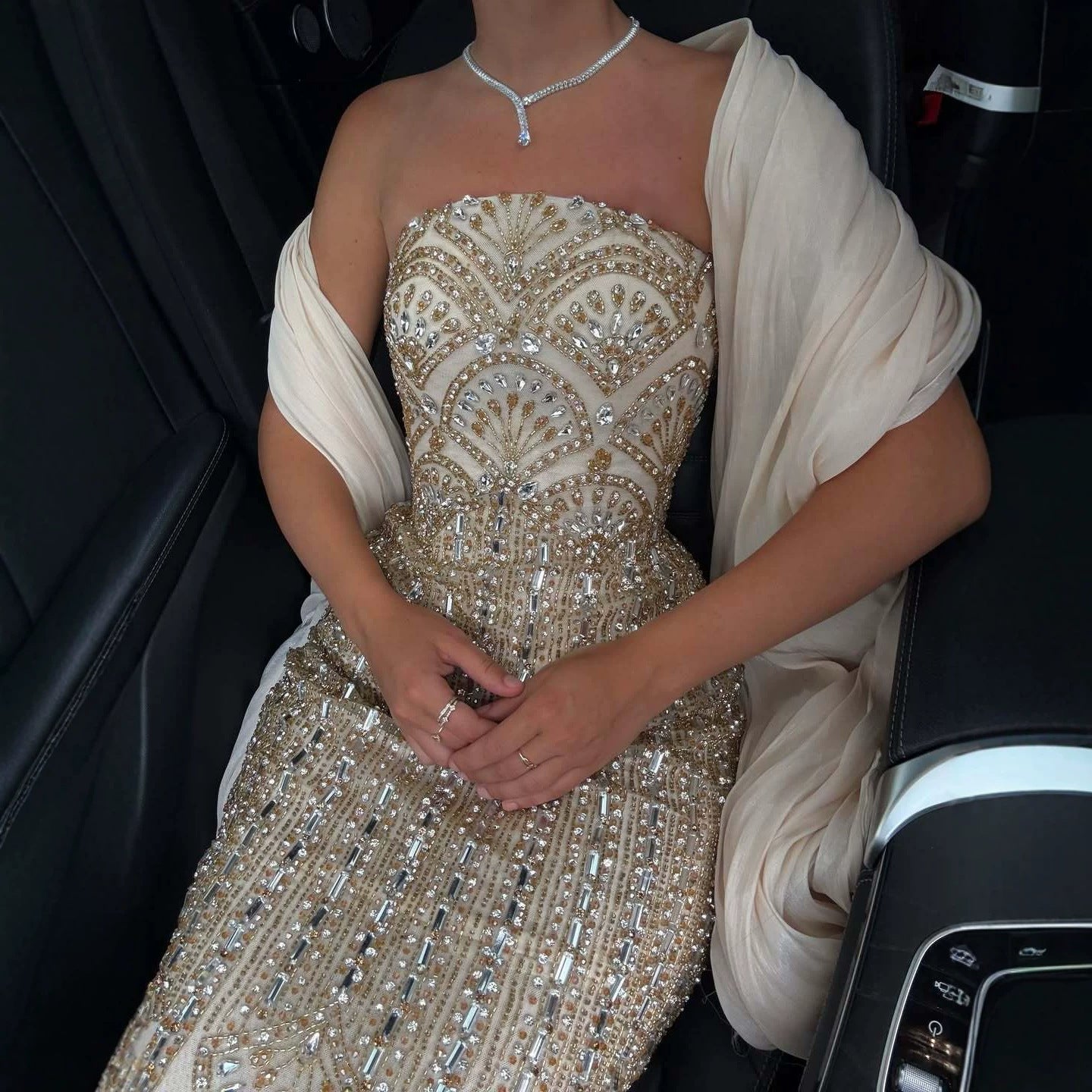 Luxury Champagne Strapless Crystal Beaded Mermaid Evening Dress LA73939